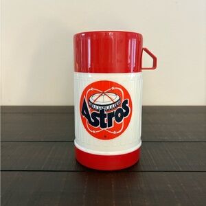 Astros Red & White Thermos. Logo is astrodome in orange